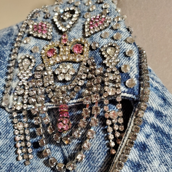SOLD Rhinestone Acid Denim Moto Jacket - Picture 3 of 5